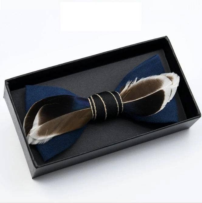 Blue Brown White Feather Bow Tie W/free Lapel Pin Set