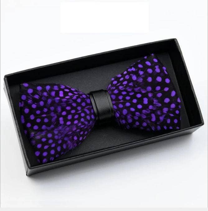Purple Polka Dot Feather Bow Tie W/free Lapel Pin Set