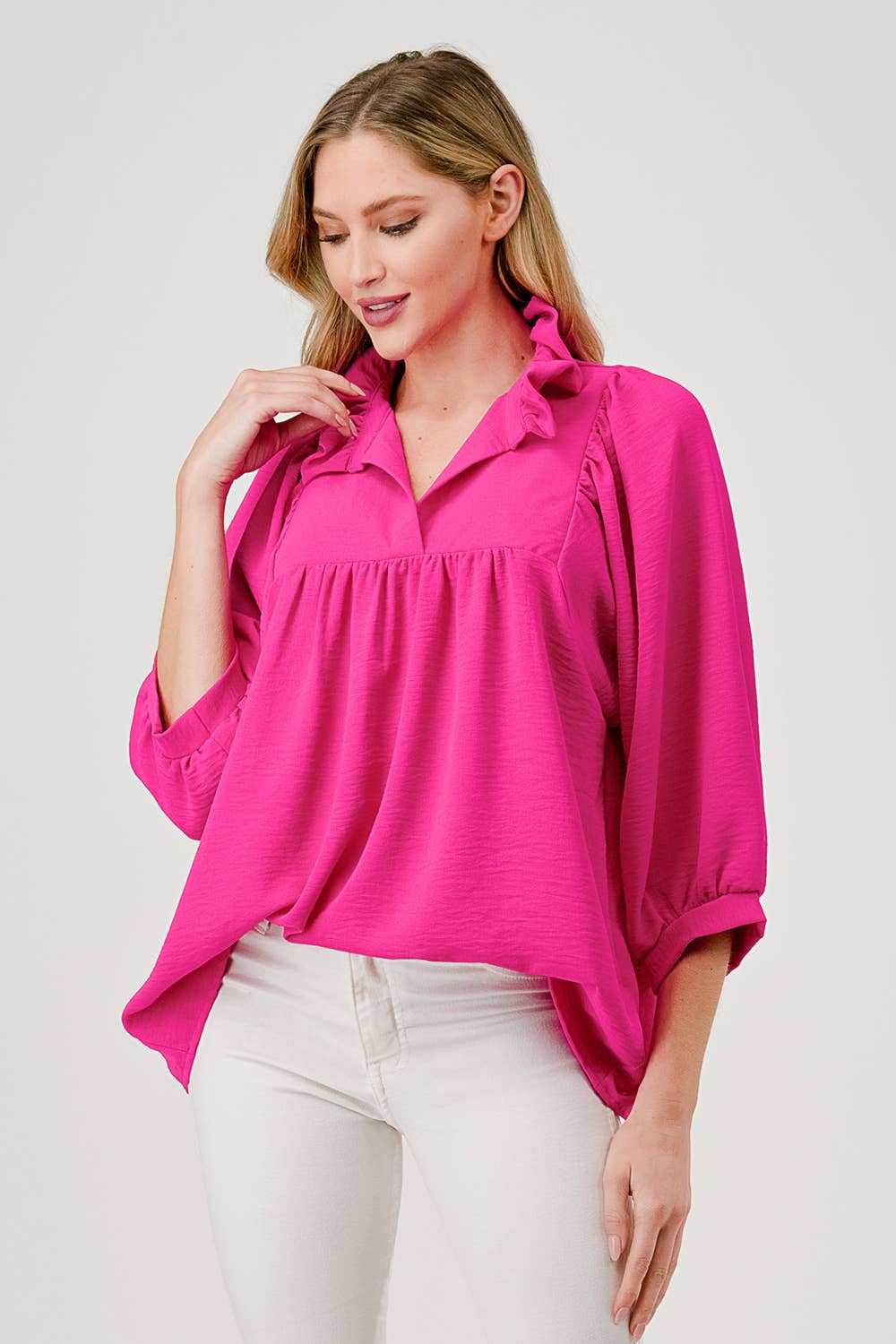 Pink Mandy Elbow Sleeve Cuffed Top with Ruffle Collar