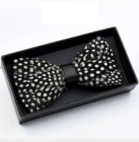 Black/White Natural Bird Feather Polka Dot Bow Tie W/free Brooch Pin Set