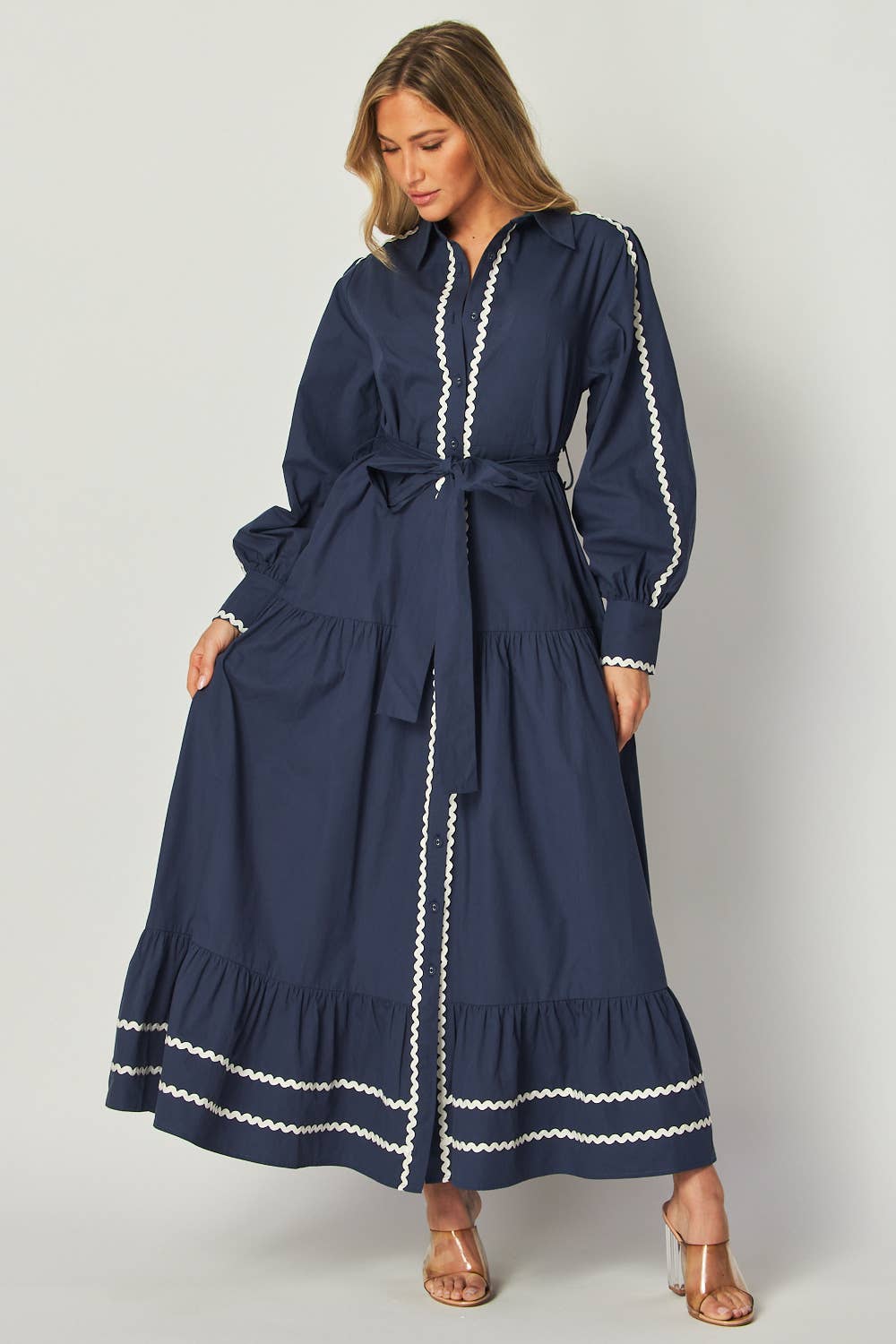 Navy Solid Long Sleeve Button-Down Maxi Dress