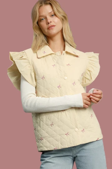 Cream Puffer Vest with Bows