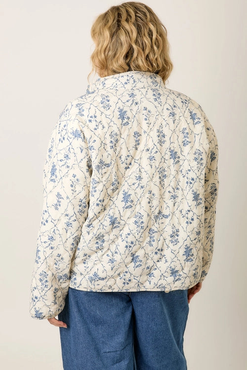 Blue Padded Floral Patterned Jacket