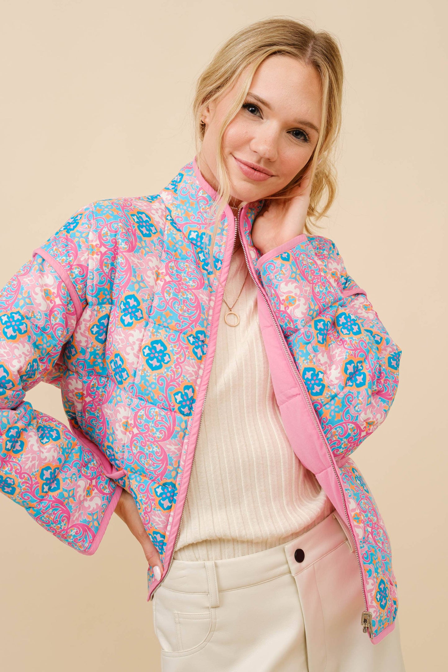 Pink Blue Challis Floral Reversible Quilted Jacket