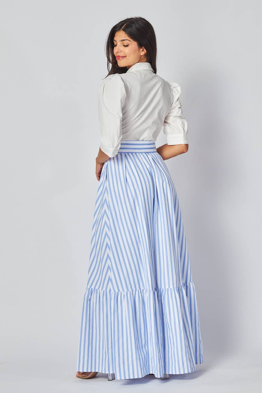 Blue & White Contrast Button-Down Maxi Dress