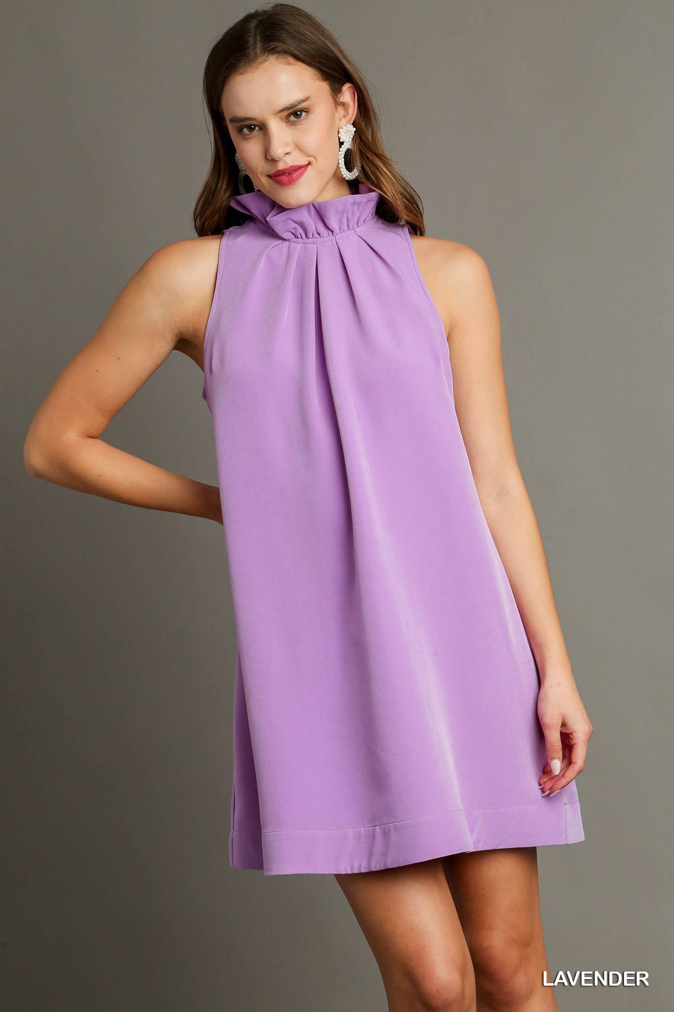 Lavender Sleeveless Dress with Bow Tie and Ruffle Neck