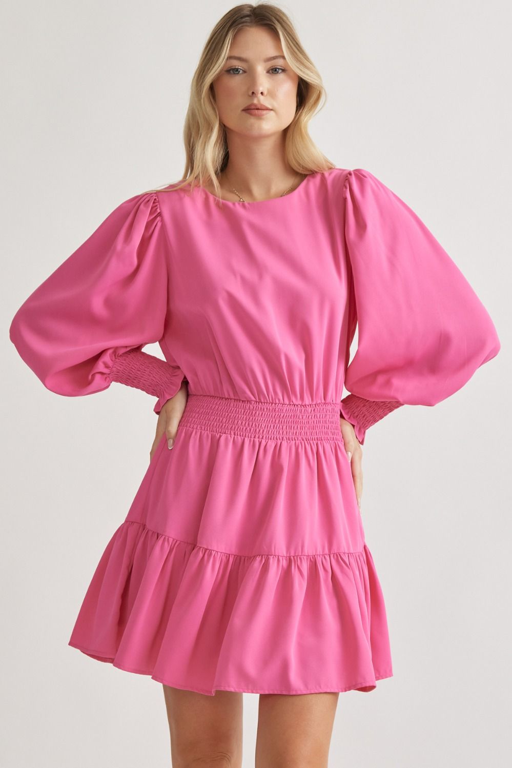Precious Pink Round Neck Long Sleeve Tiered Mini Dress