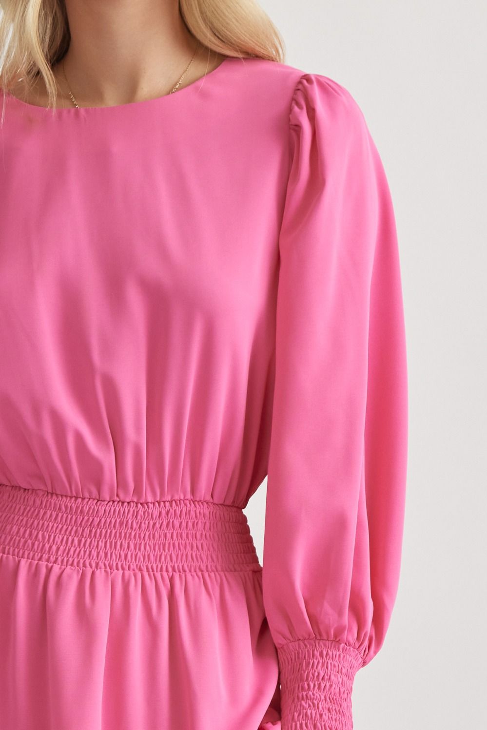 Precious Pink Round Neck Long Sleeve Tiered Mini Dress