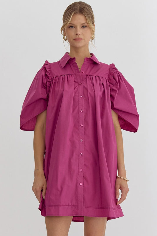 Orchid Solid Collared Button Up Half Sleeve Mini Dress