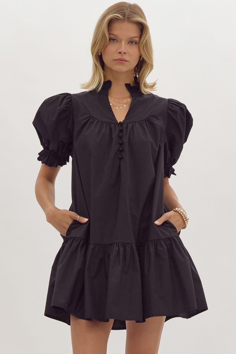 Black Solid Short Sleeve Mini Dress