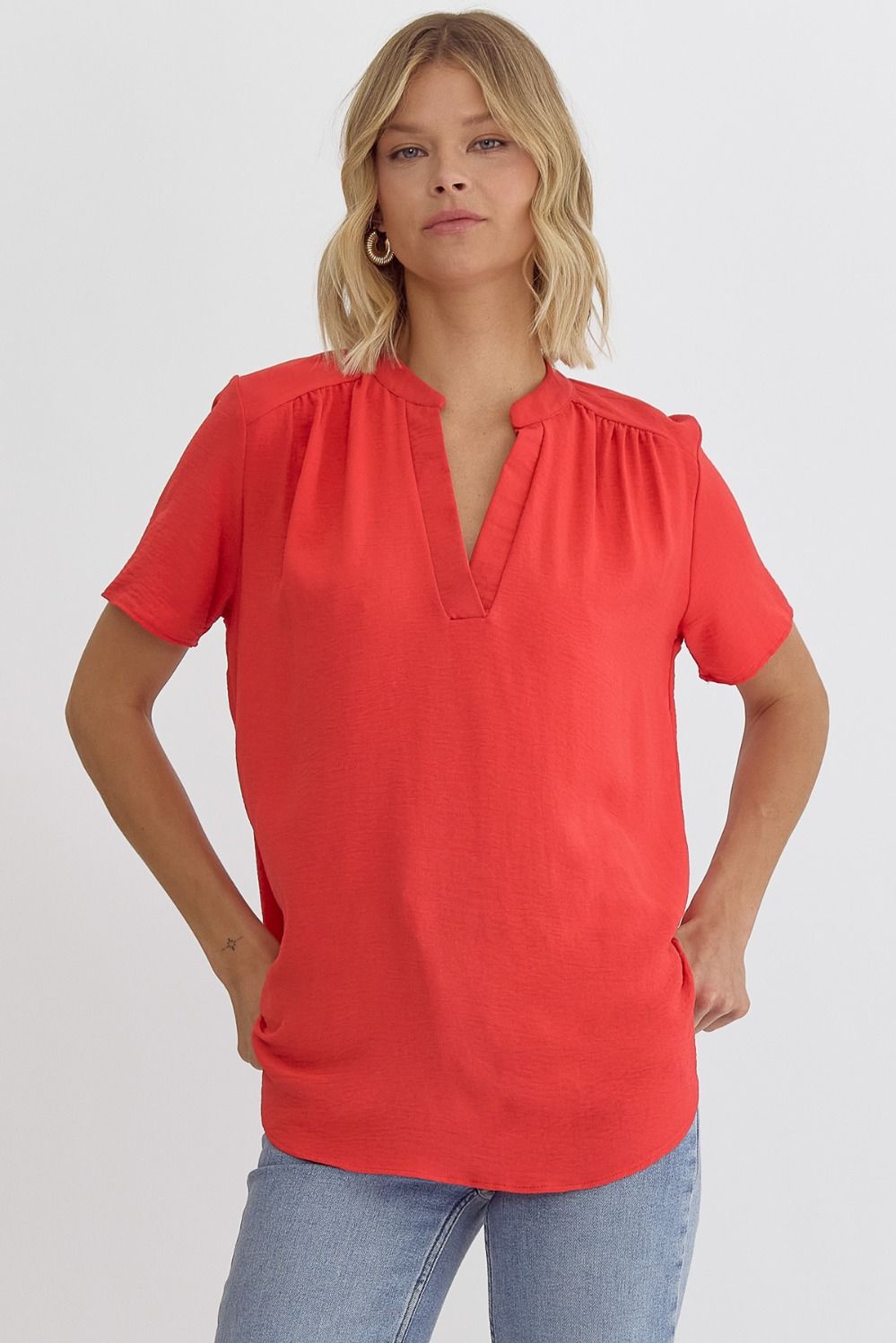 Red V-Neck Placket Top