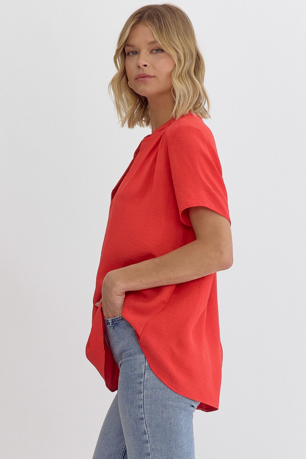 Red V-Neck Placket Top