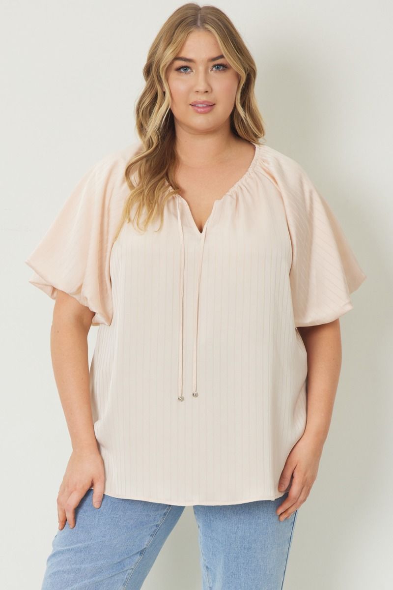 Natural Satin shadow Stripe Bubble Sleeve Top