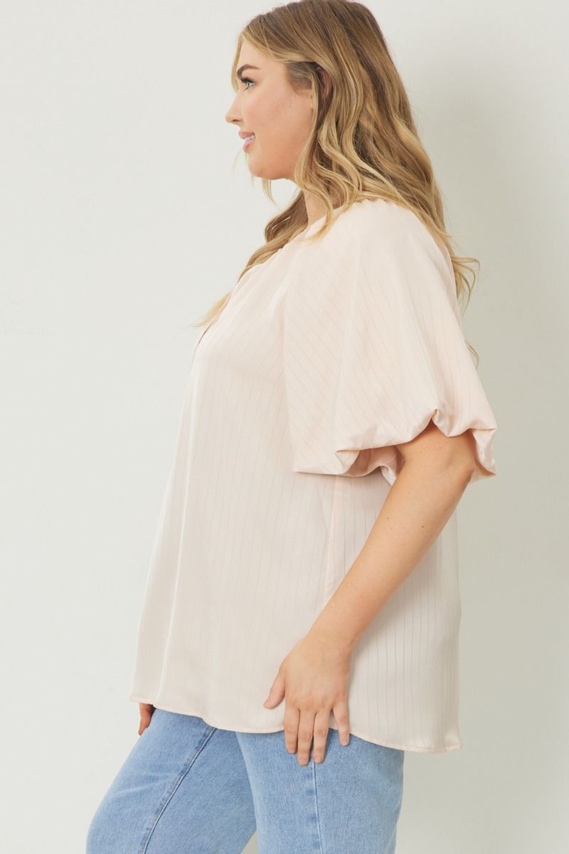 Natural Satin shadow Stripe Bubble Sleeve Top