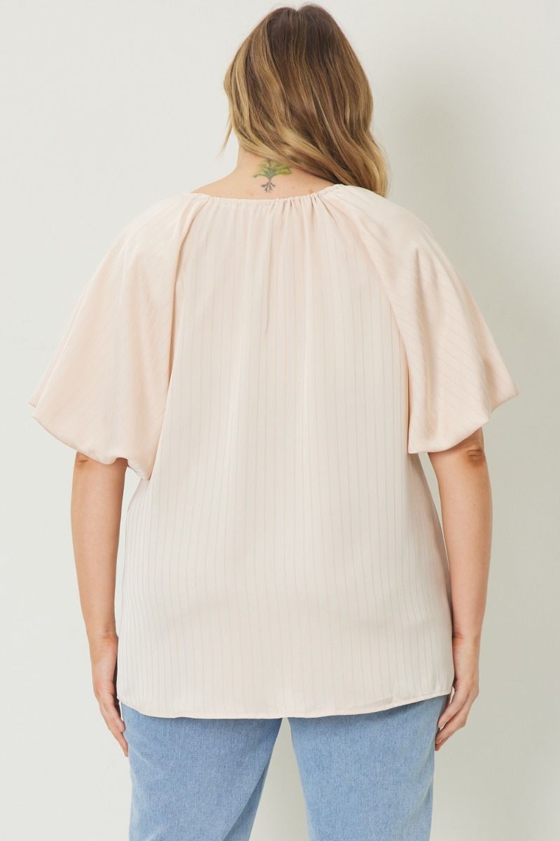 Natural Satin shadow Stripe Bubble Sleeve Top