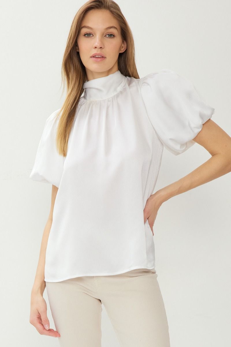 Off White Satin high neck puff sleeve top