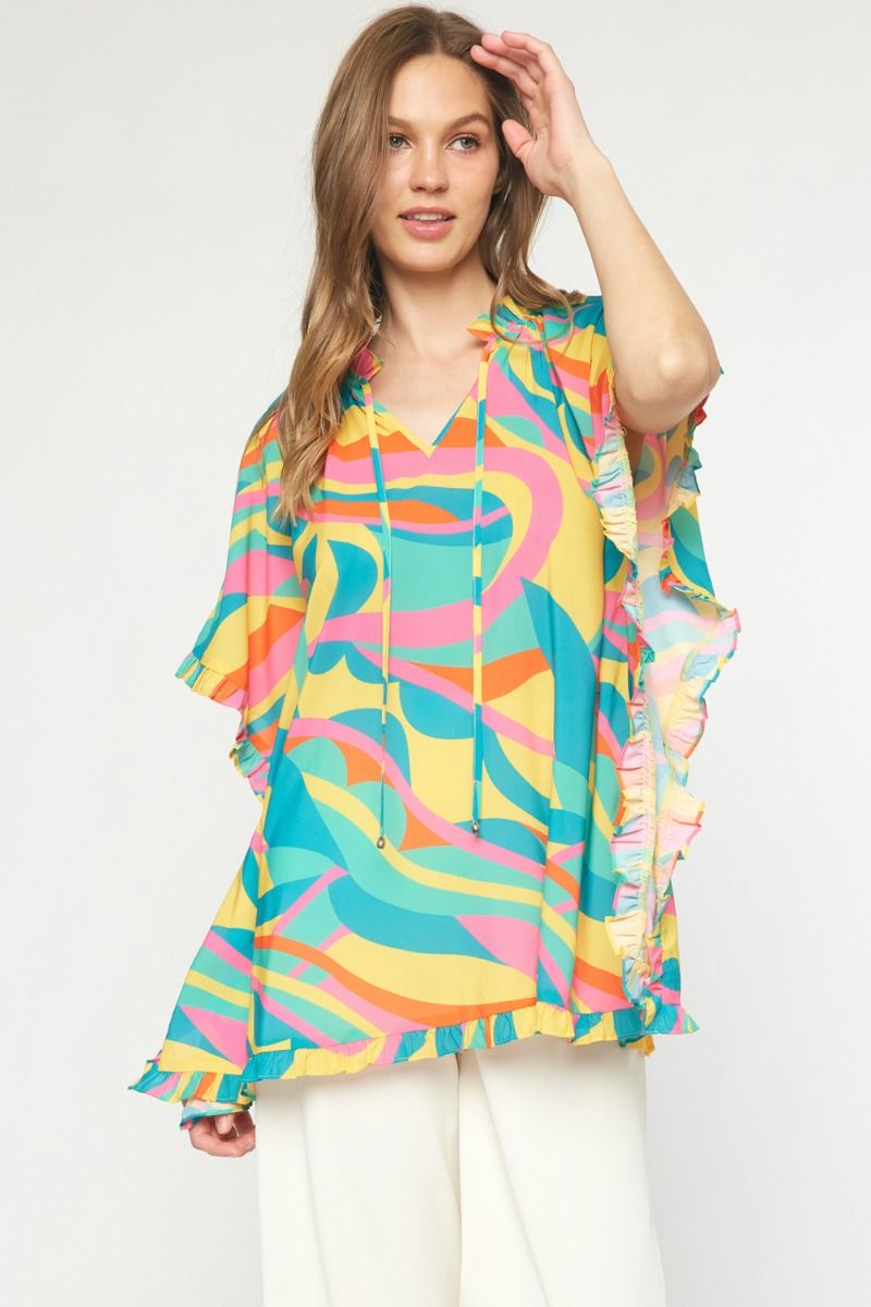 Teal/Yellow Multi Patterned Ruffle Sleeve Poncho Style Top