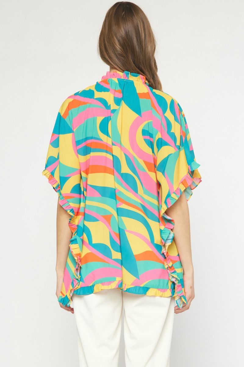 Teal/Yellow Multi Patterned Ruffle Sleeve Poncho Style Top