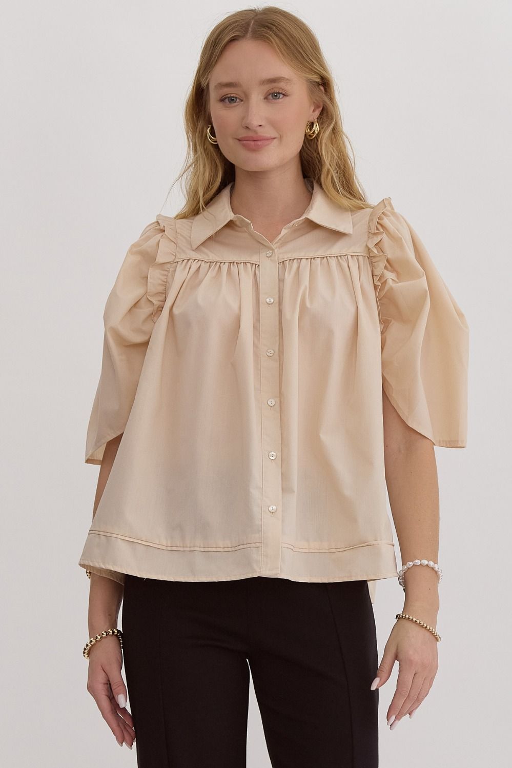 Natural Solid Button Up Half Top