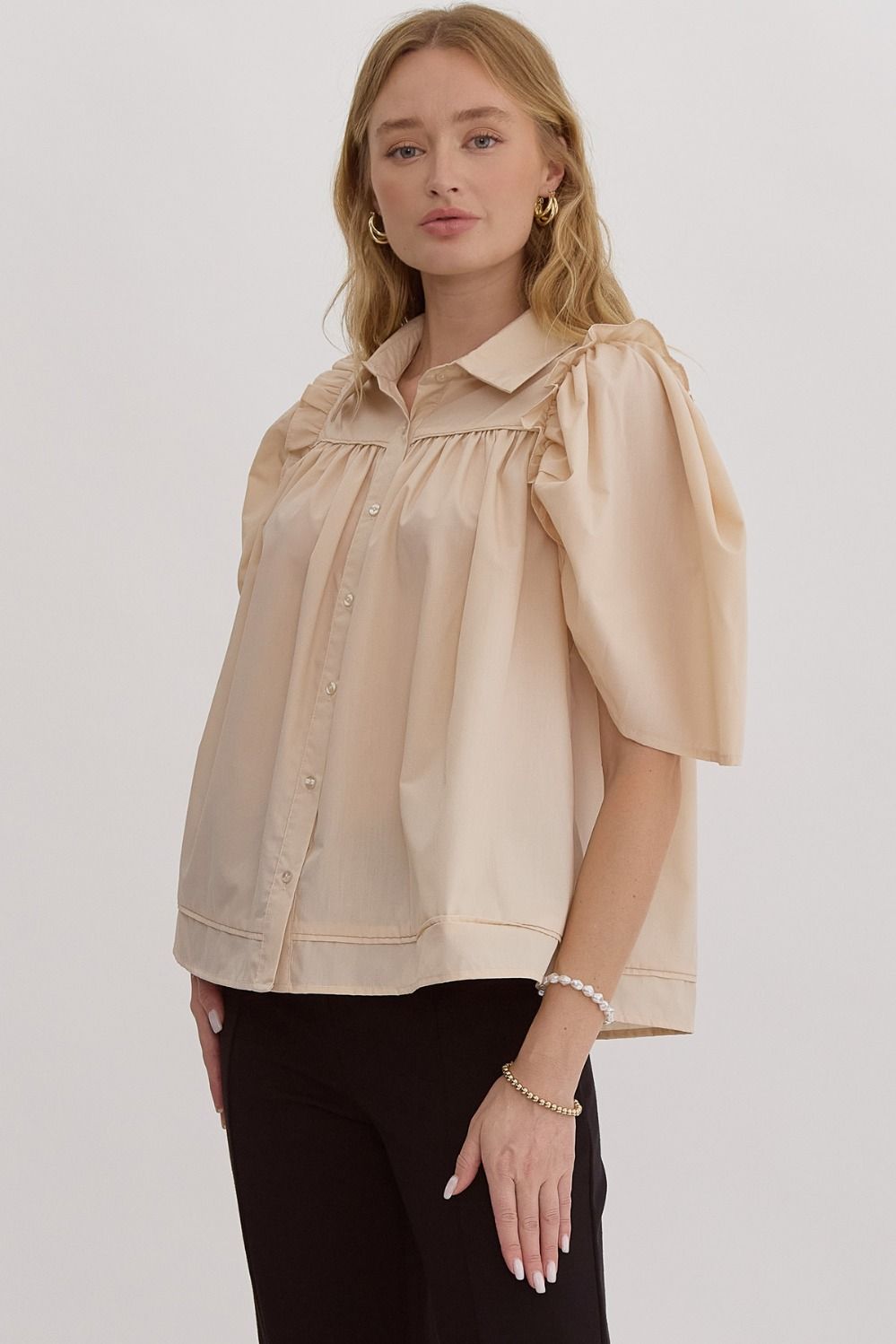 Natural Solid Button Up Half Top