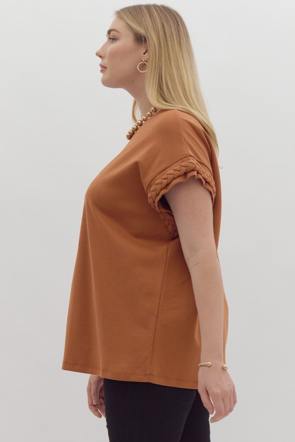 Camel Solid Round Neck Cap Sleeve Top