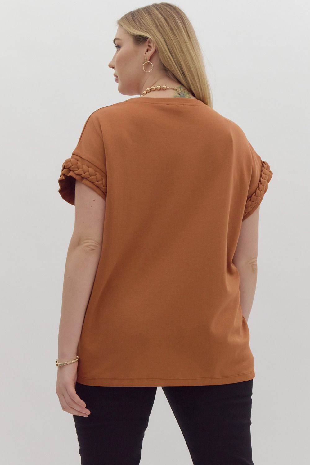 Camel Solid Round Neck Cap Sleeve Top