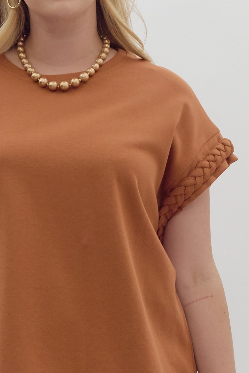 Camel Solid Round Neck Cap Sleeve Top