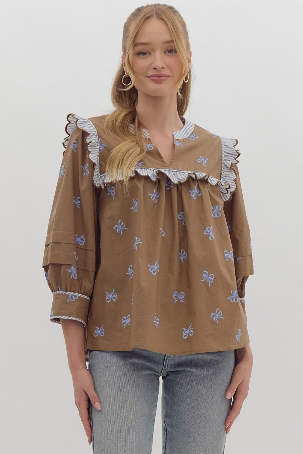 Mocha & Blue Bow 3/4 Sleeve Top