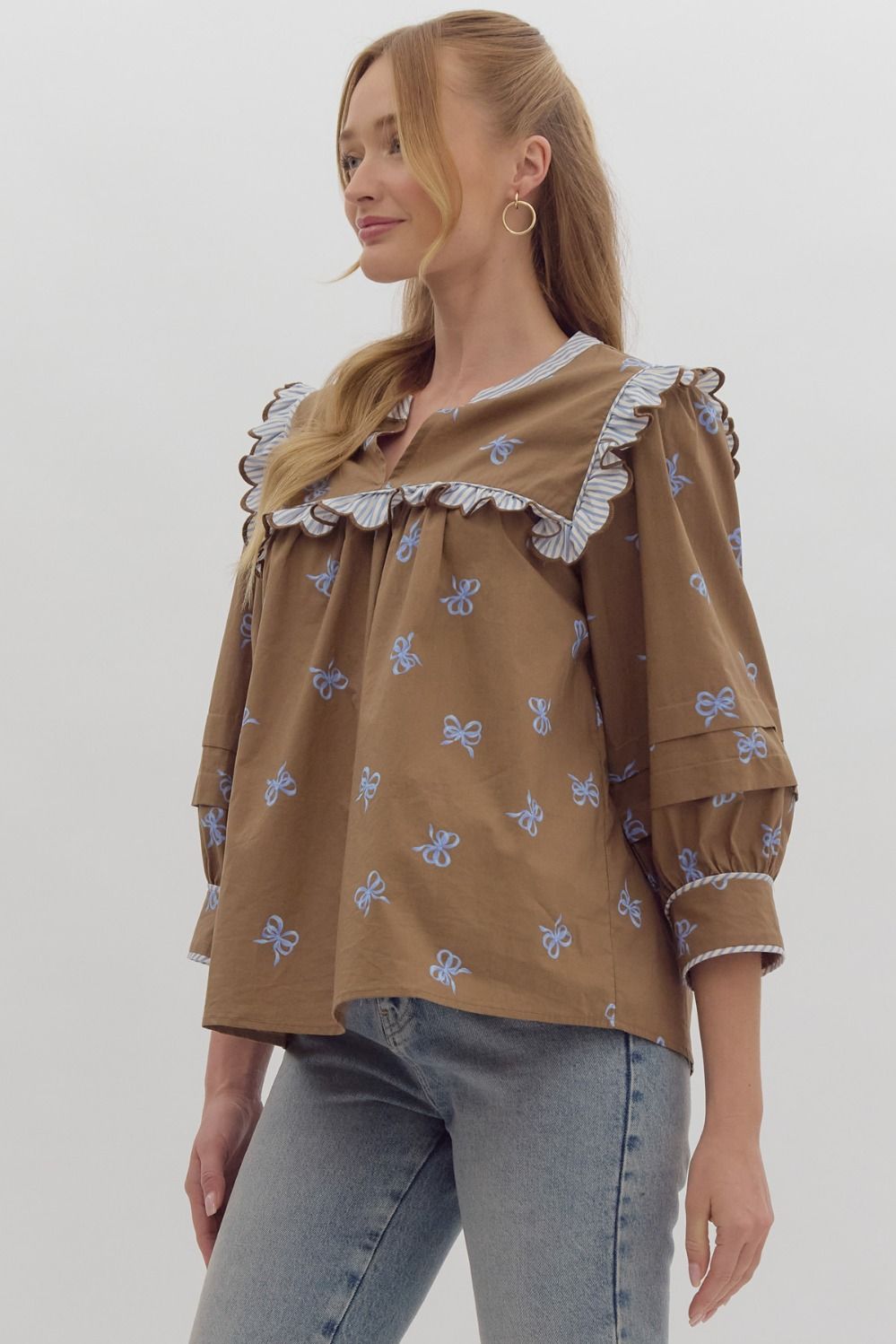 Mocha & Blue Bow 3/4 Sleeve Top