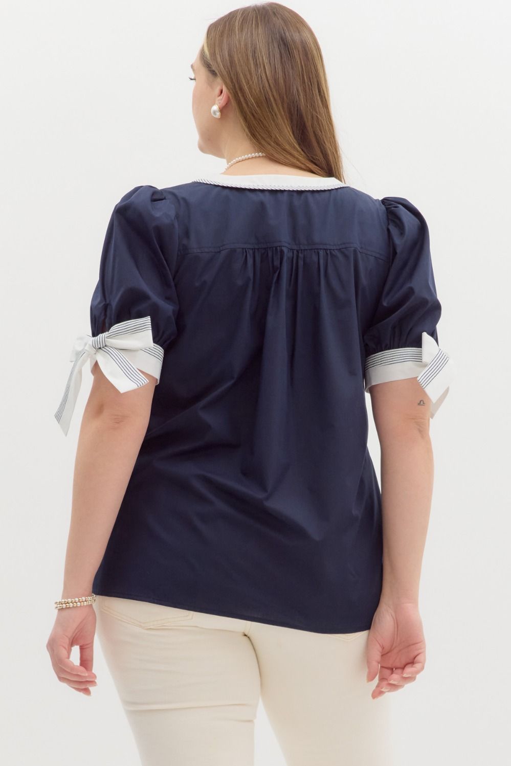 Navy Solid Bow Tie Cuff Short Sleeve Top