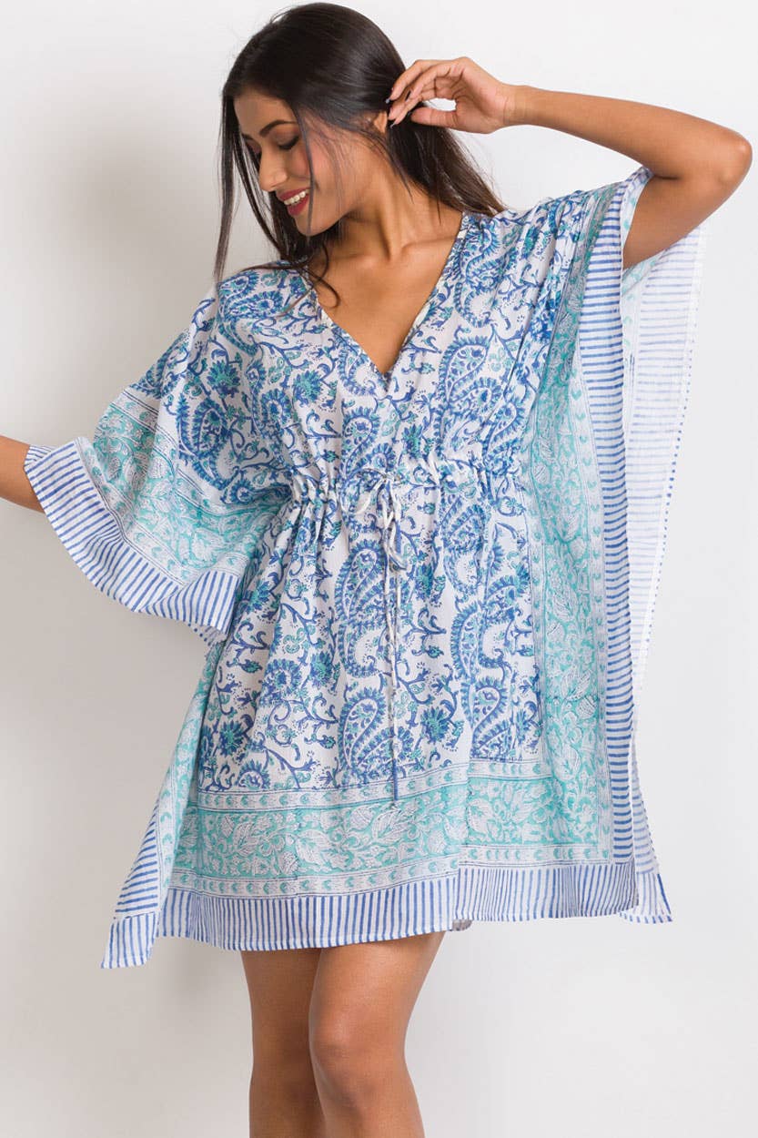 Sky Blue & Turquoise Block Printed Cover - Up