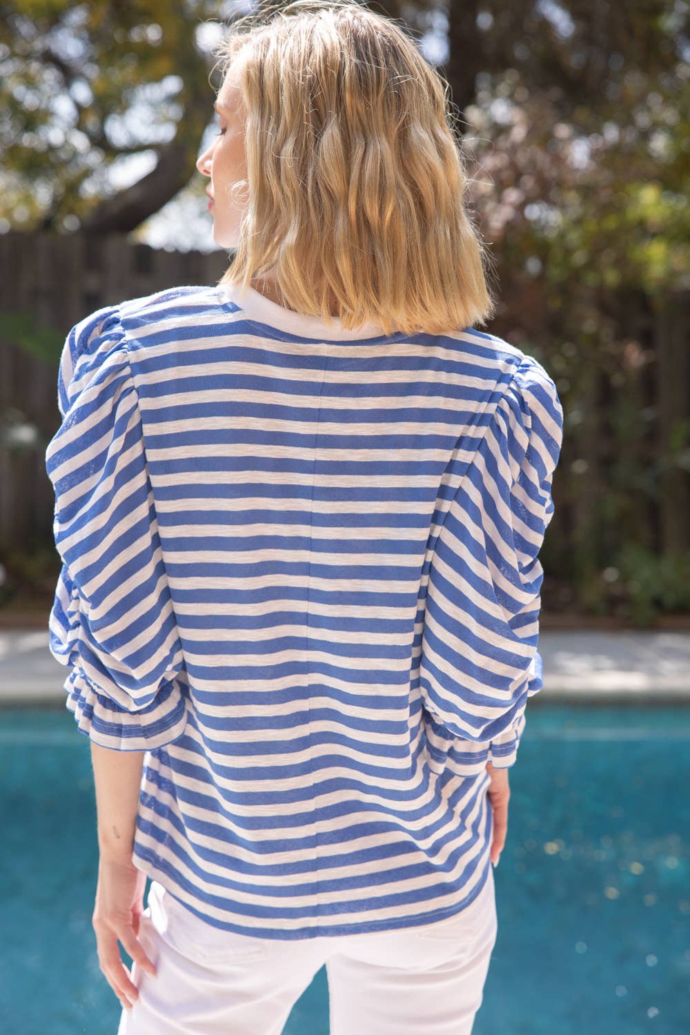 Blue Ruched Puff Sleeves Striped Top