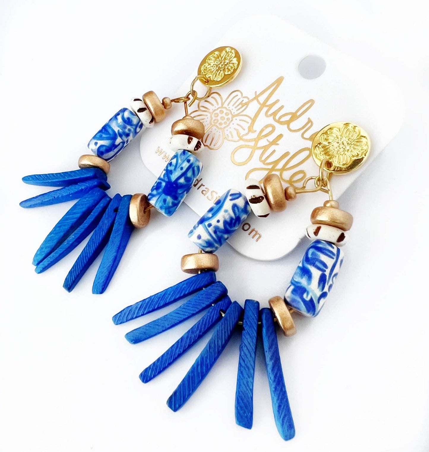 Beaded Teardrop Earring Blue and White Chinoiserie